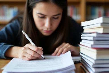 Student preparing for IELTS test with books.